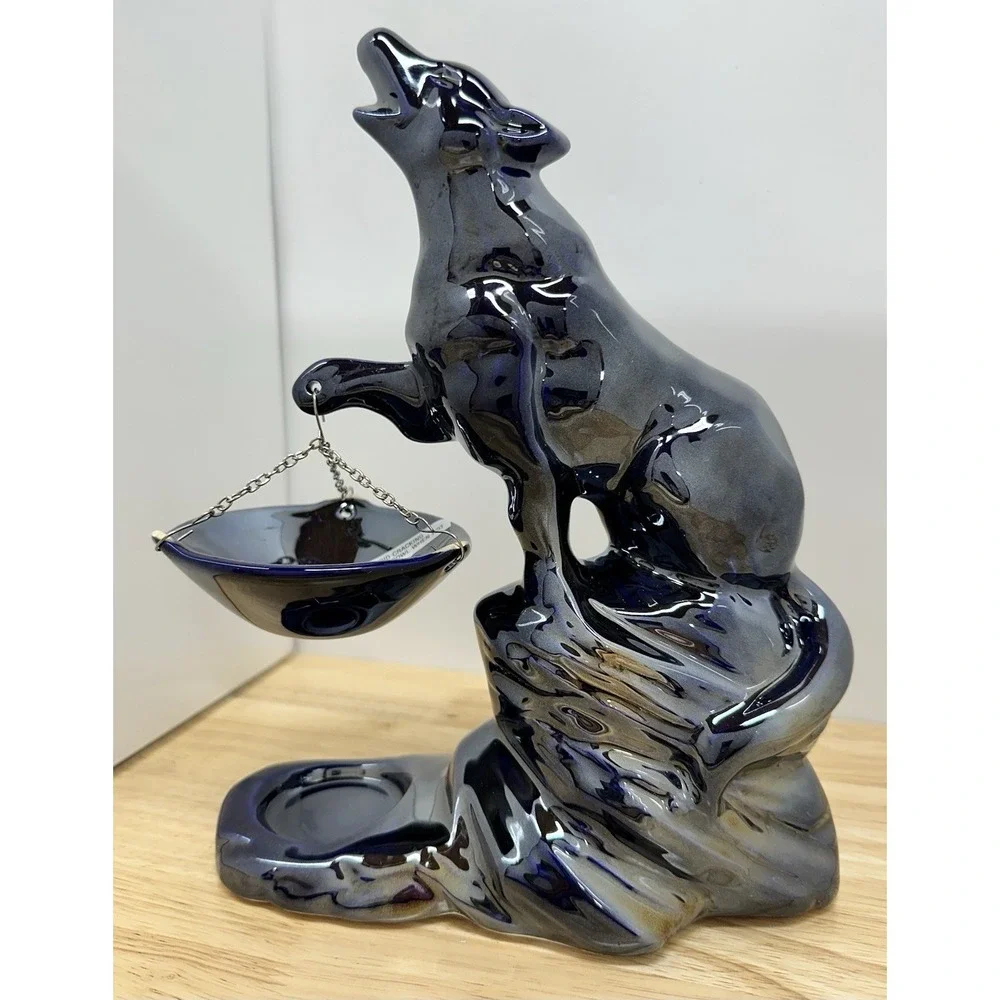 Ceramic Howling Wolf Metallic Iridescent Cobalt Blue Poland Candle Oil Warmer